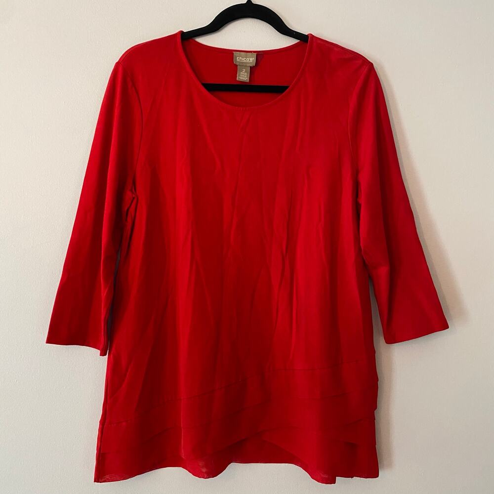 Chico's Red Crewneck 3/4 Sleeve Shirt Ruffle Hem Women's size 2 / Large / 12